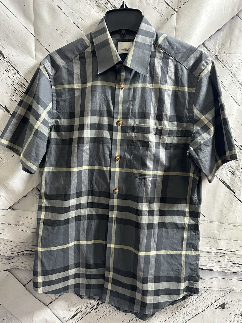 Burberry Check Button Up Plaid Grey Shirt Size Small